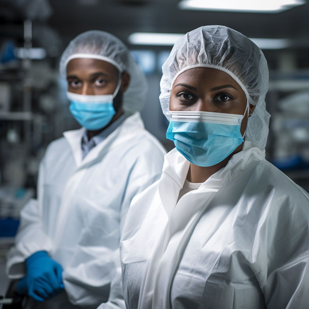 Researchers pose for camera while wearing personal protective equipment
