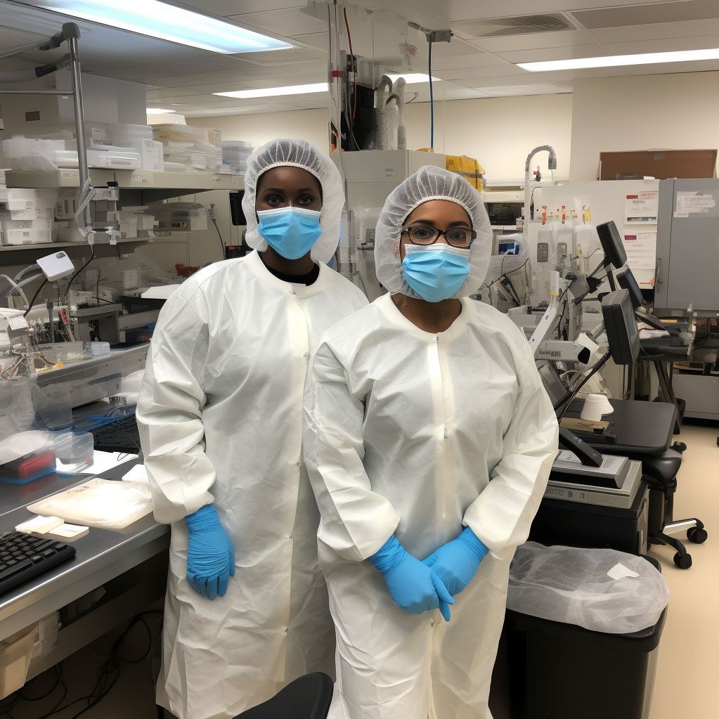 Researchers pose for camera while wearing personal protective equipment