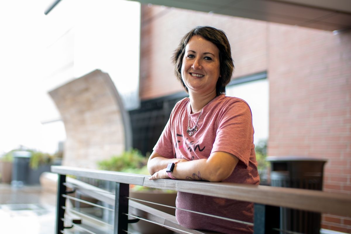 Jennifer Makin, breast cancer patient, poses on the Patient Terrace