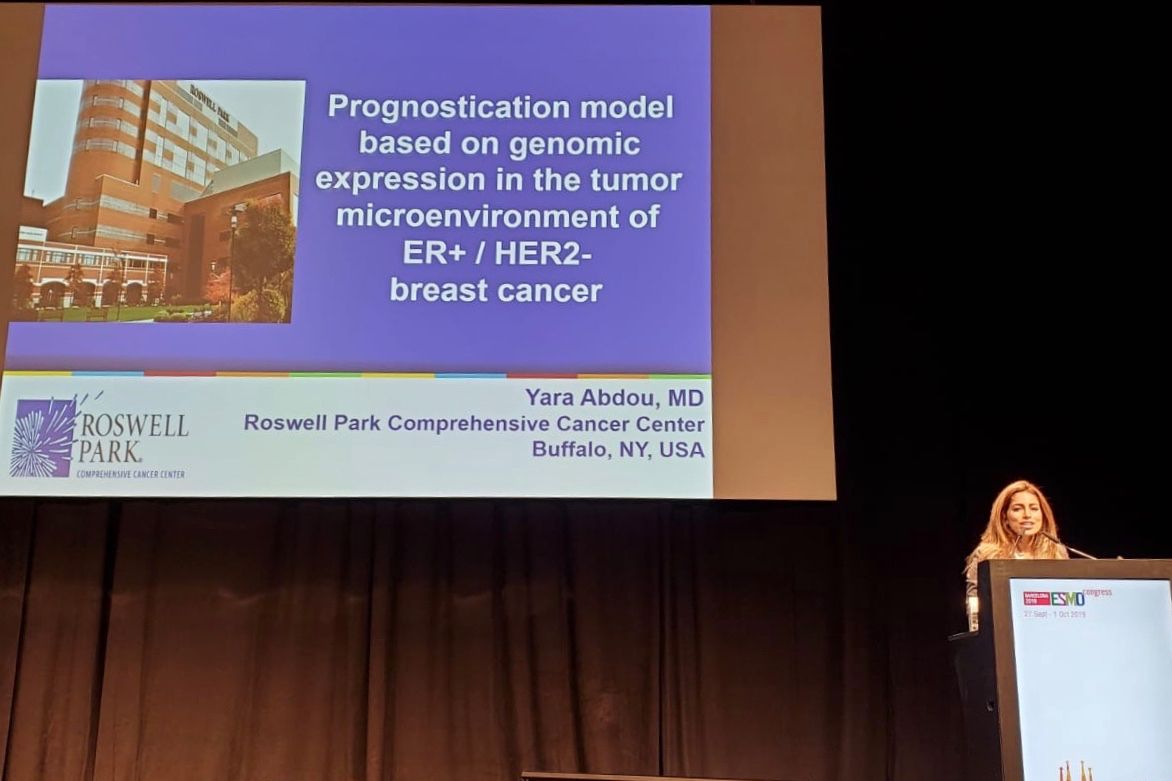 Dr. Yara Abdou giving an invited podium presentation at the annual meeting of the European Society for Medical Oncology earlier this year.