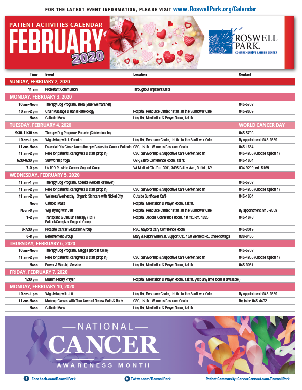February 2020 Patient Calendar Find dates and times for our monthly support groups on the February 2020 Patient Calendar.