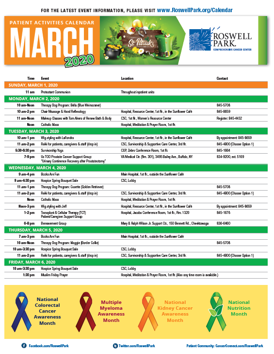 March 2020 Patient Calendar Find dates and times for our monthly support groups on the March 2020 Patient Calendar.