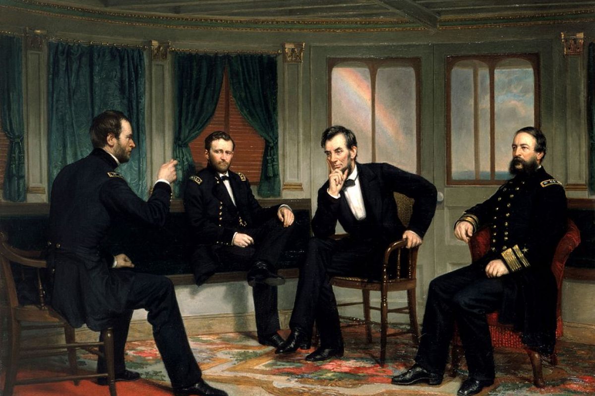 Painting of President Abraham Lincoln with Generals Grant and Sherman, and Rear Admiral Porter 