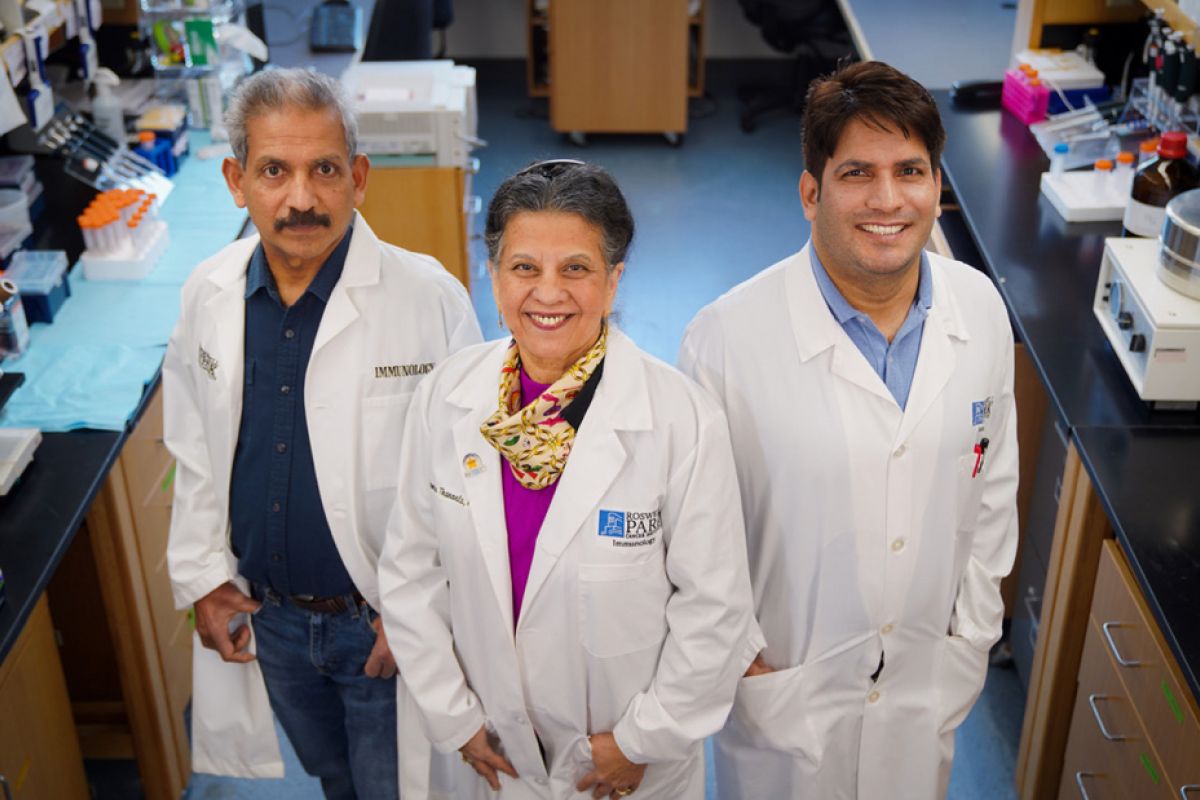 Drs. Suresh Kalathil, Yasmin Thanavala and Tariq Bhat, from left, in their lab at Roswell Park