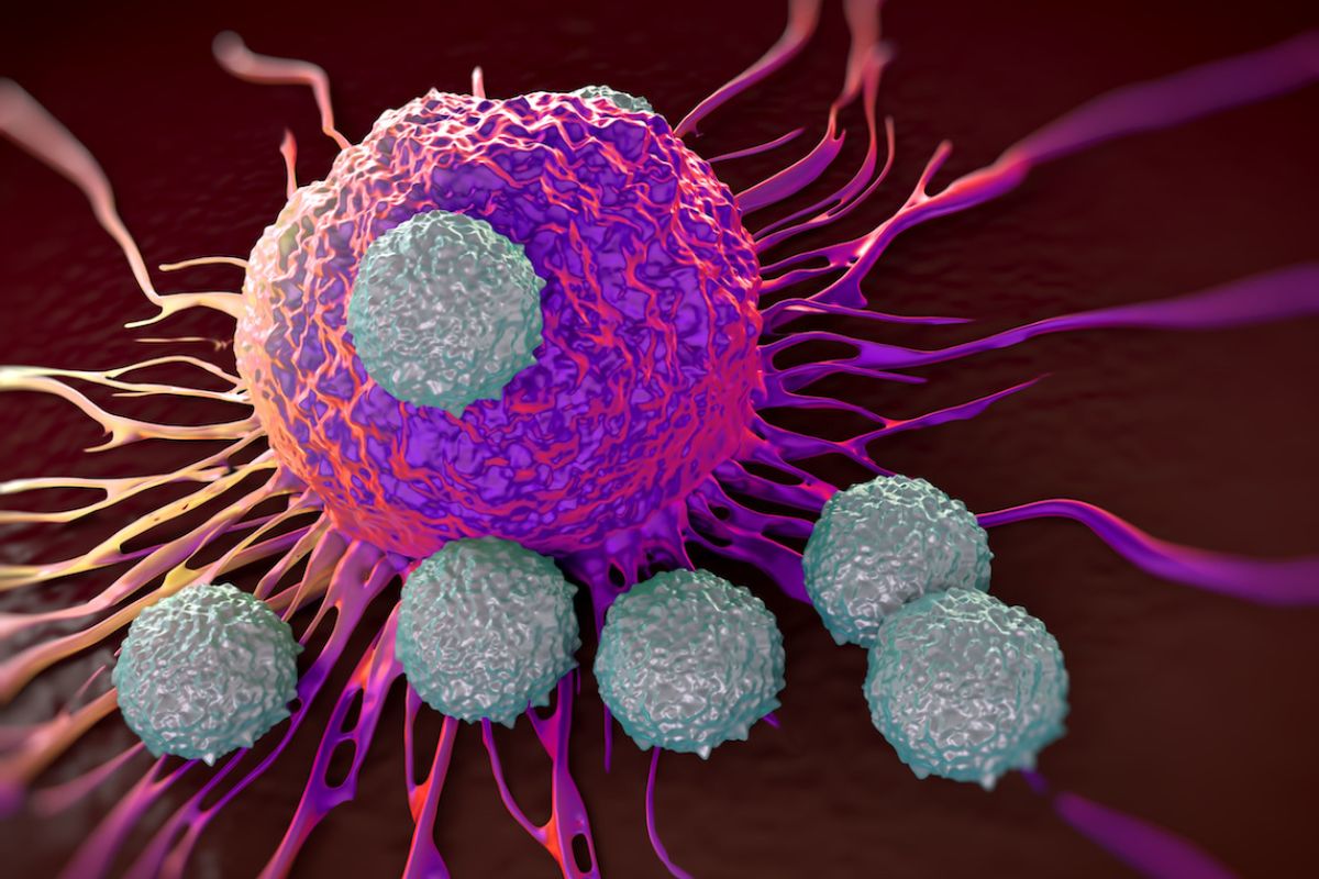 Illustration of T Cells attacking a cancer cell