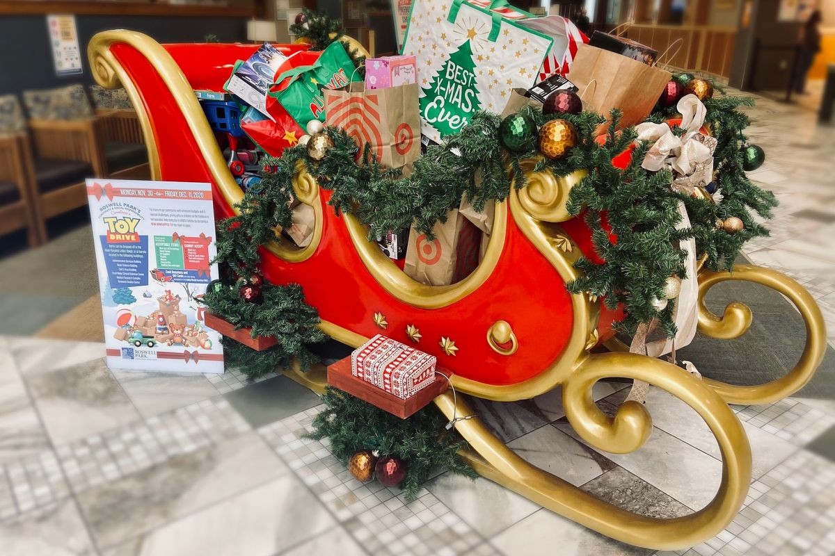 Holiday sleigh filled with donated toys.