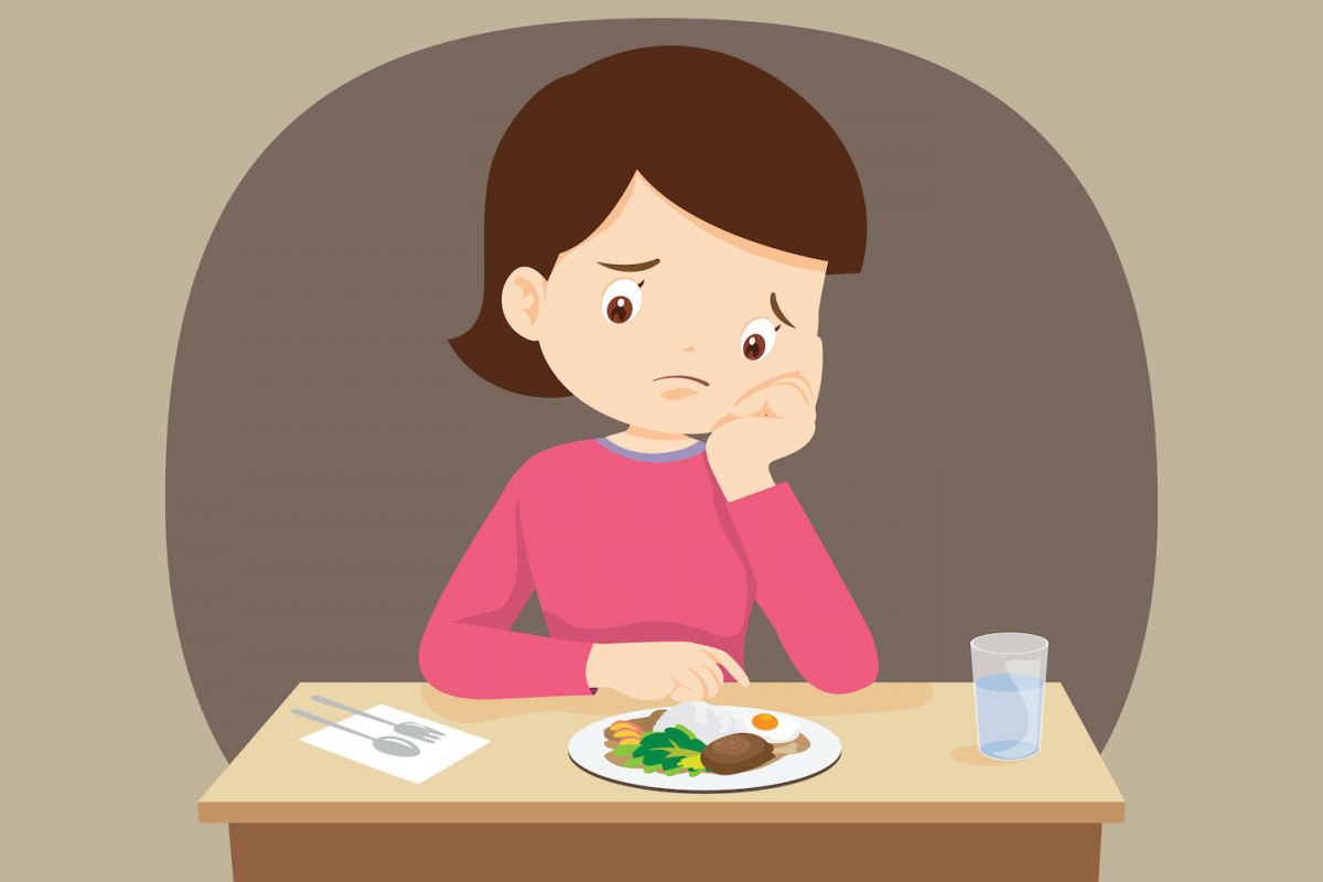 Cartoon photo of a woman looking sadly at food