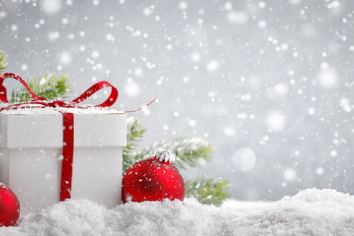 Gift wrapped in a box in front of a snowy background