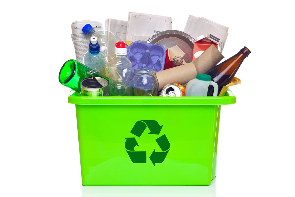 Recycling bin full of recyclable items