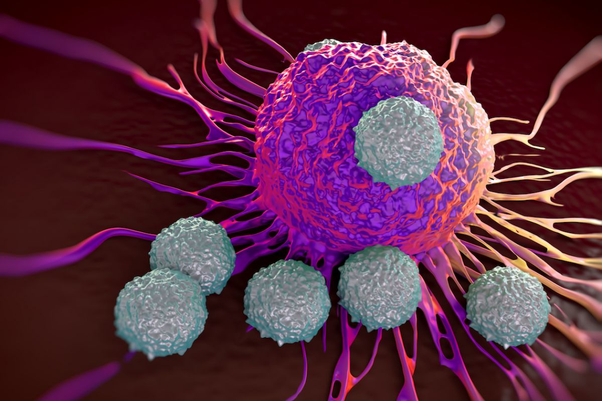 Medical illustration of T cells attacking a cancer cell