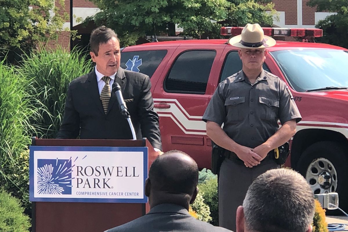 Congressman Brian Higgins speaking at Roswell Park, July 7, 2021.