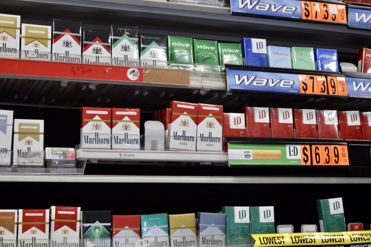 Cigarettes behind a counter
