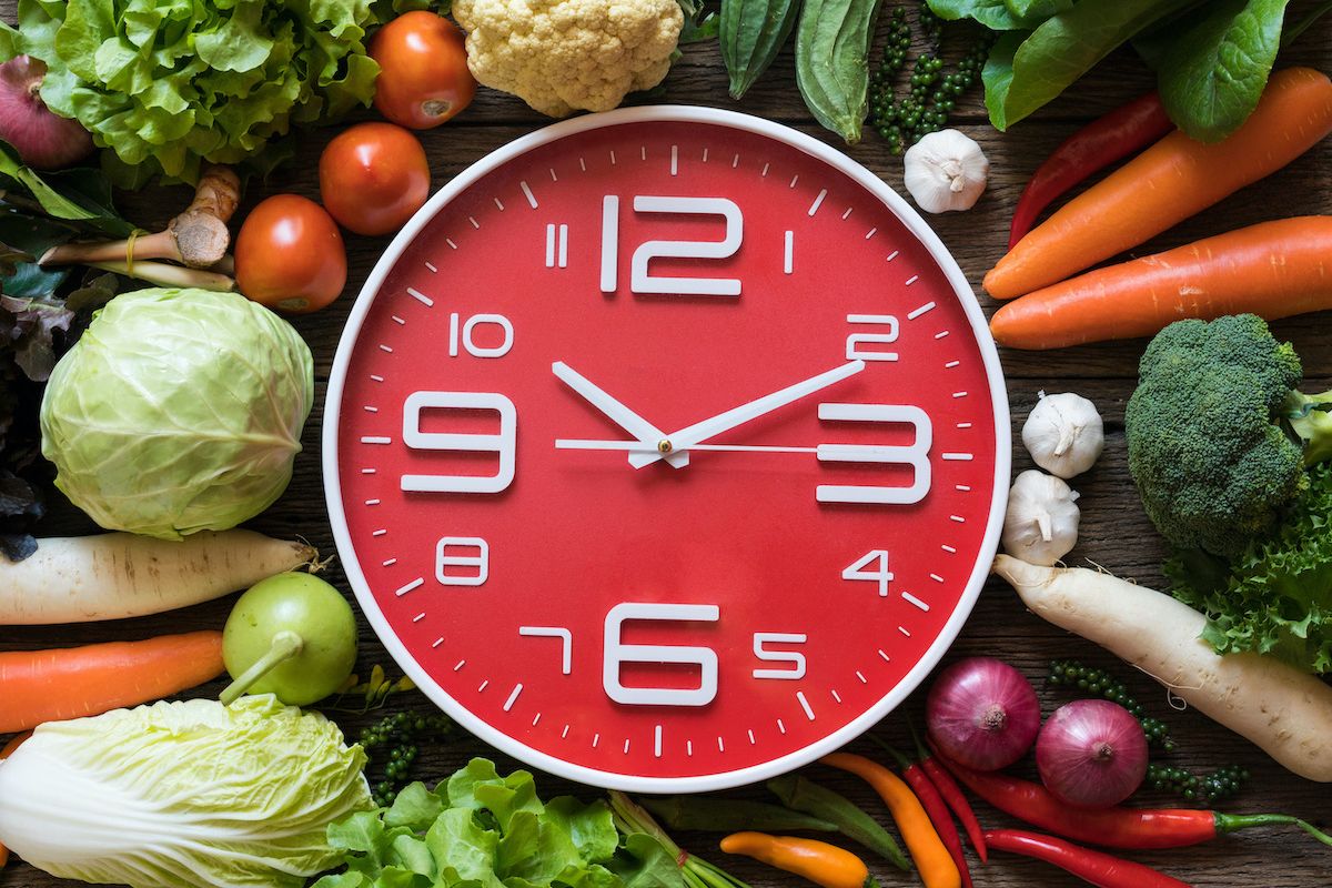Image of clock with healthy foods