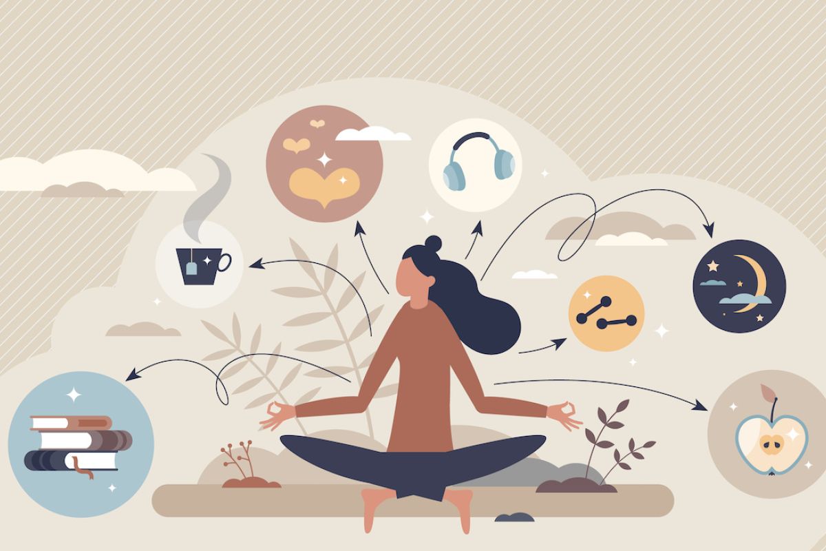 Illustration of person amid idepictions of sleep, exercise, reading, healthy food