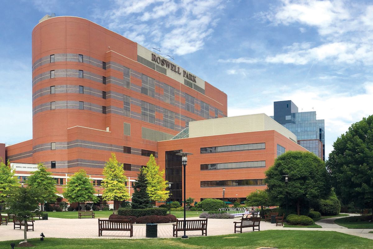 Roswell Park hospital as seen from inside Kaminski Park