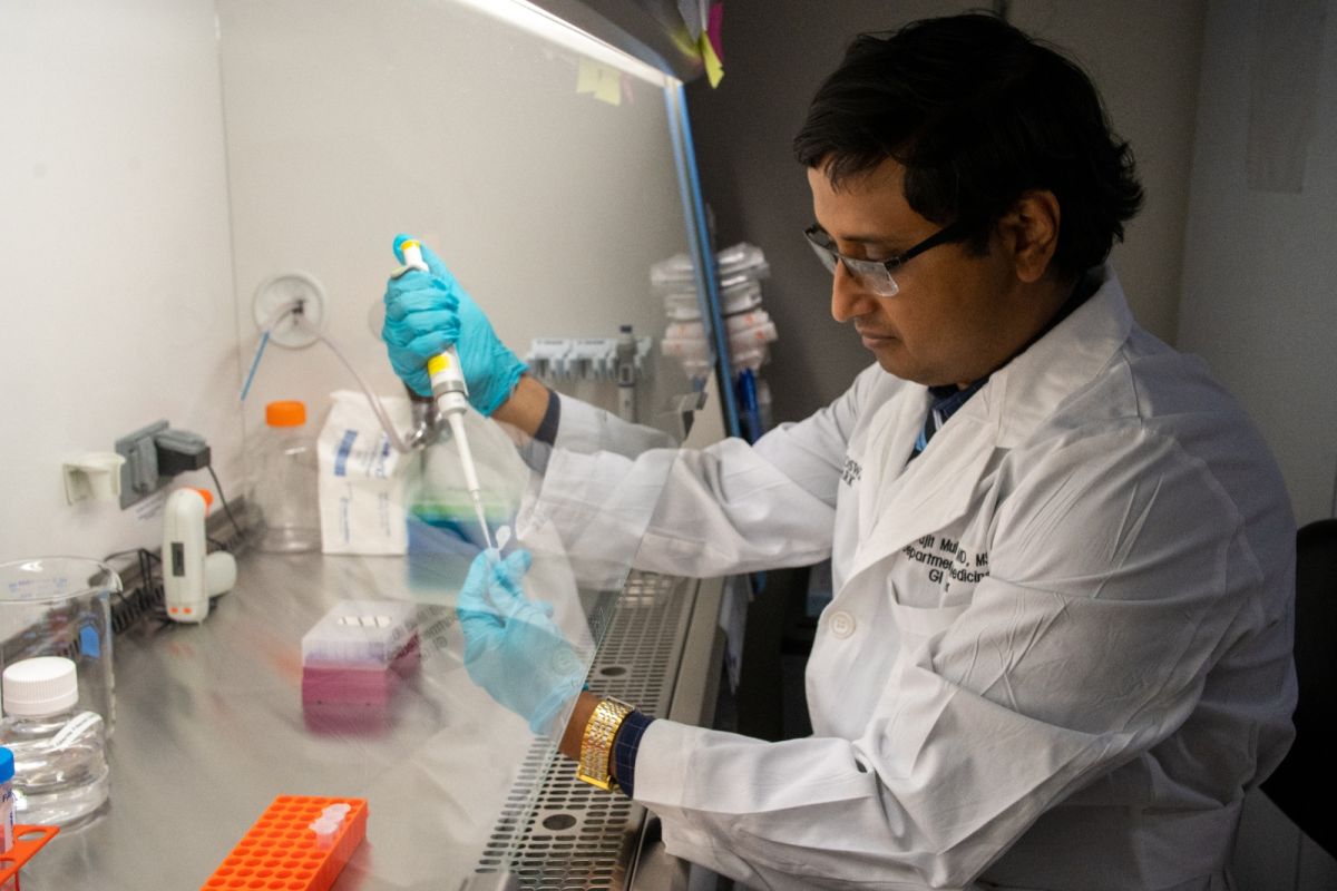 Researcher working under a hood in a lab