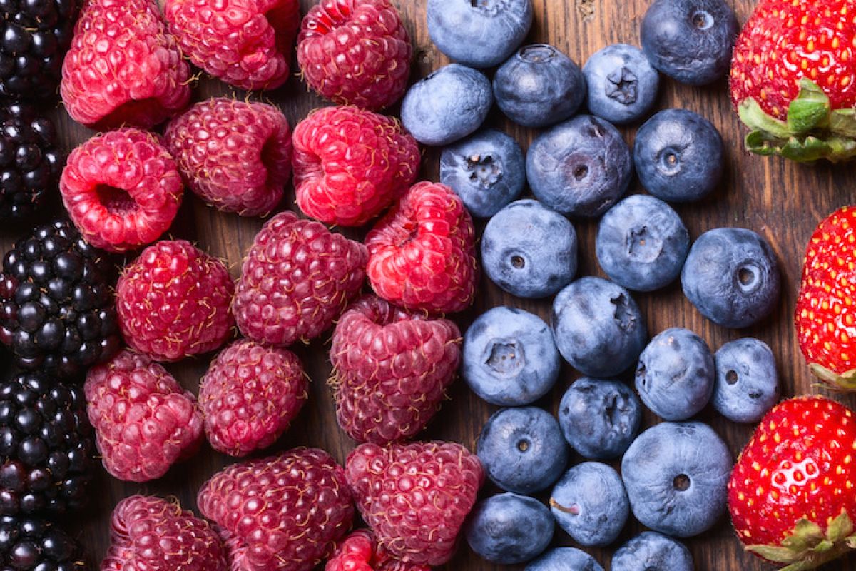 An arrangement of blackberries, raspberries, blueberries and strawberries.