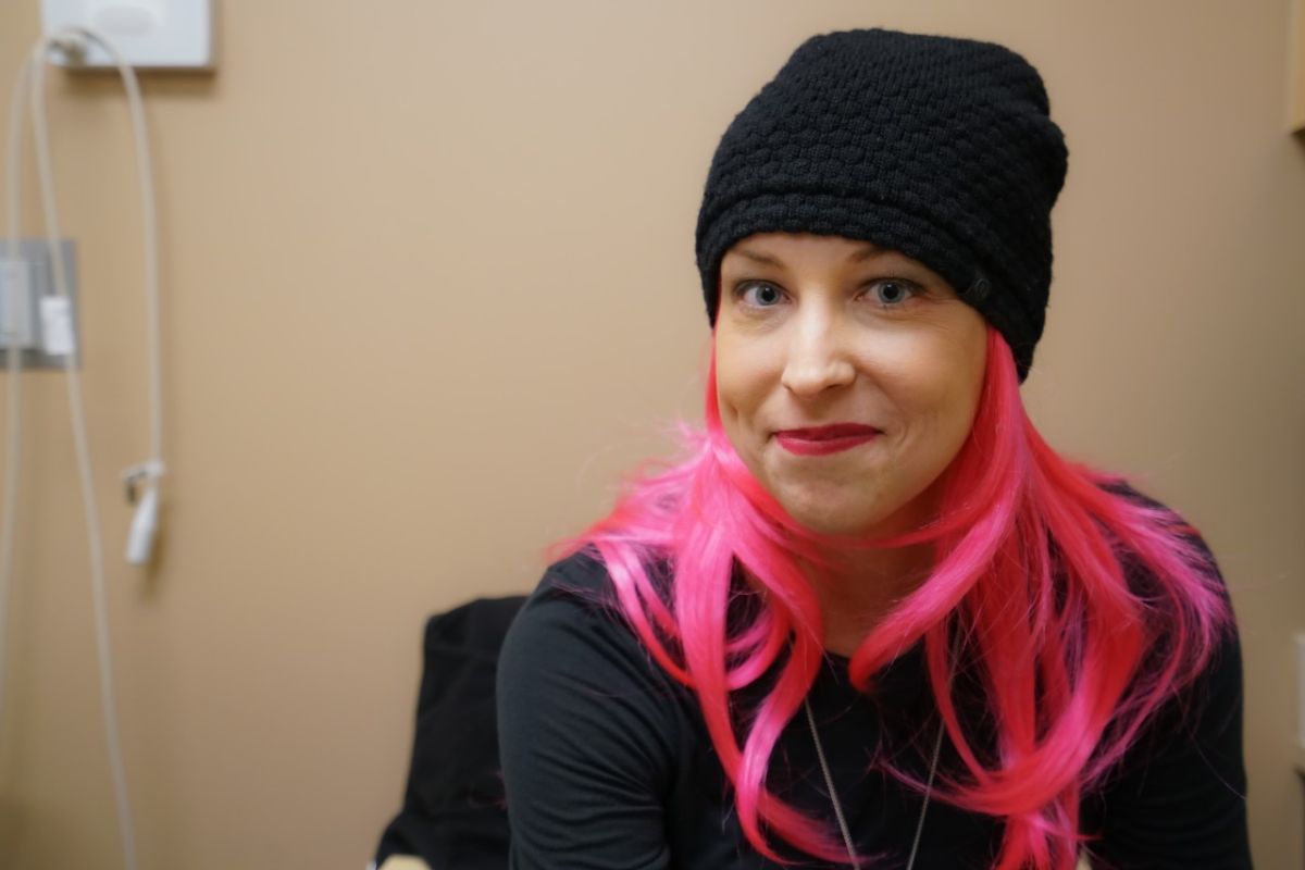 Kristy Meyers wore a pink wig during her chemotherapy treatments for breast cancer.