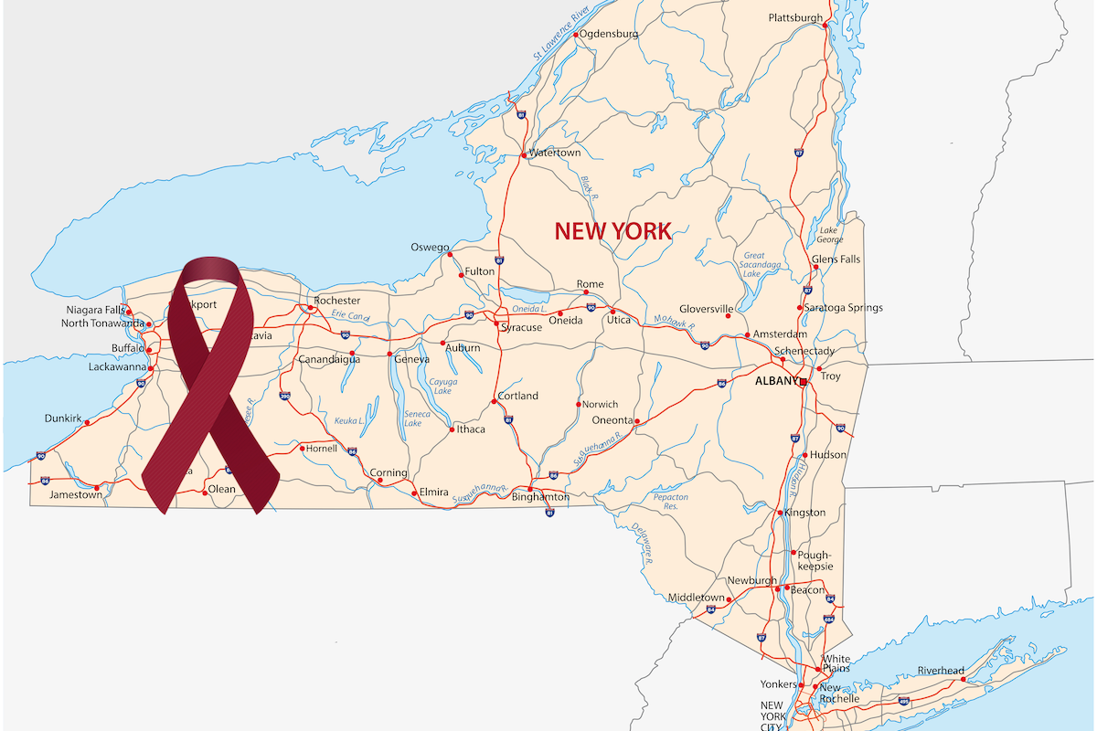 Map of New York State with cancer ribbon over WNY