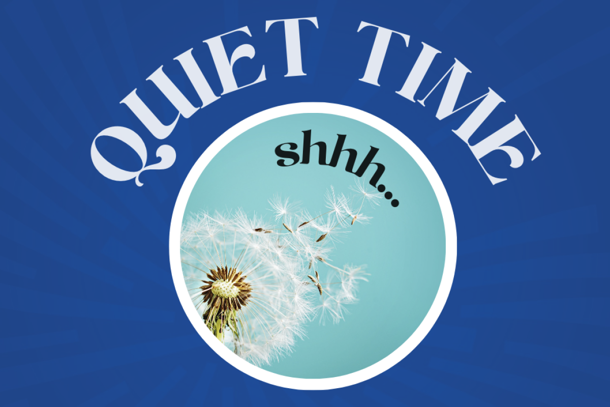 Blue background with a dandelion in the middle with the text saying "Quiet Time, Shhh..."