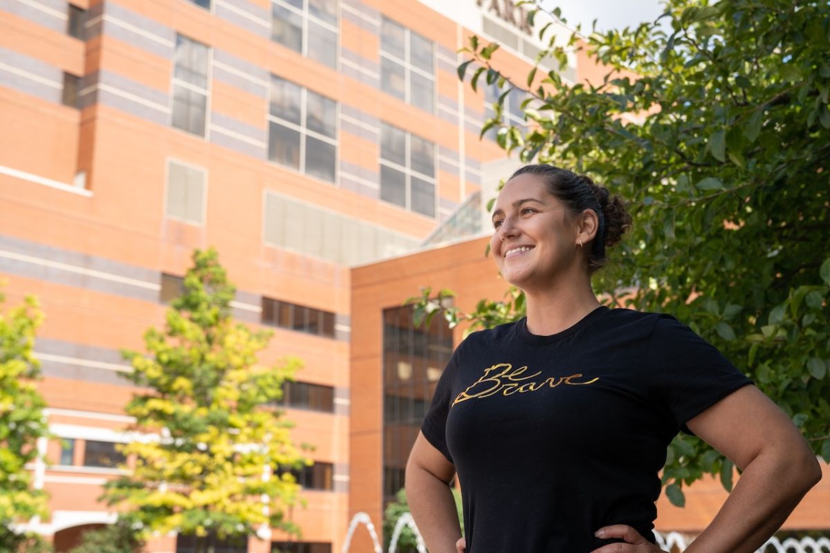 Patient Heather Bucalos smiles in Kaminski Park