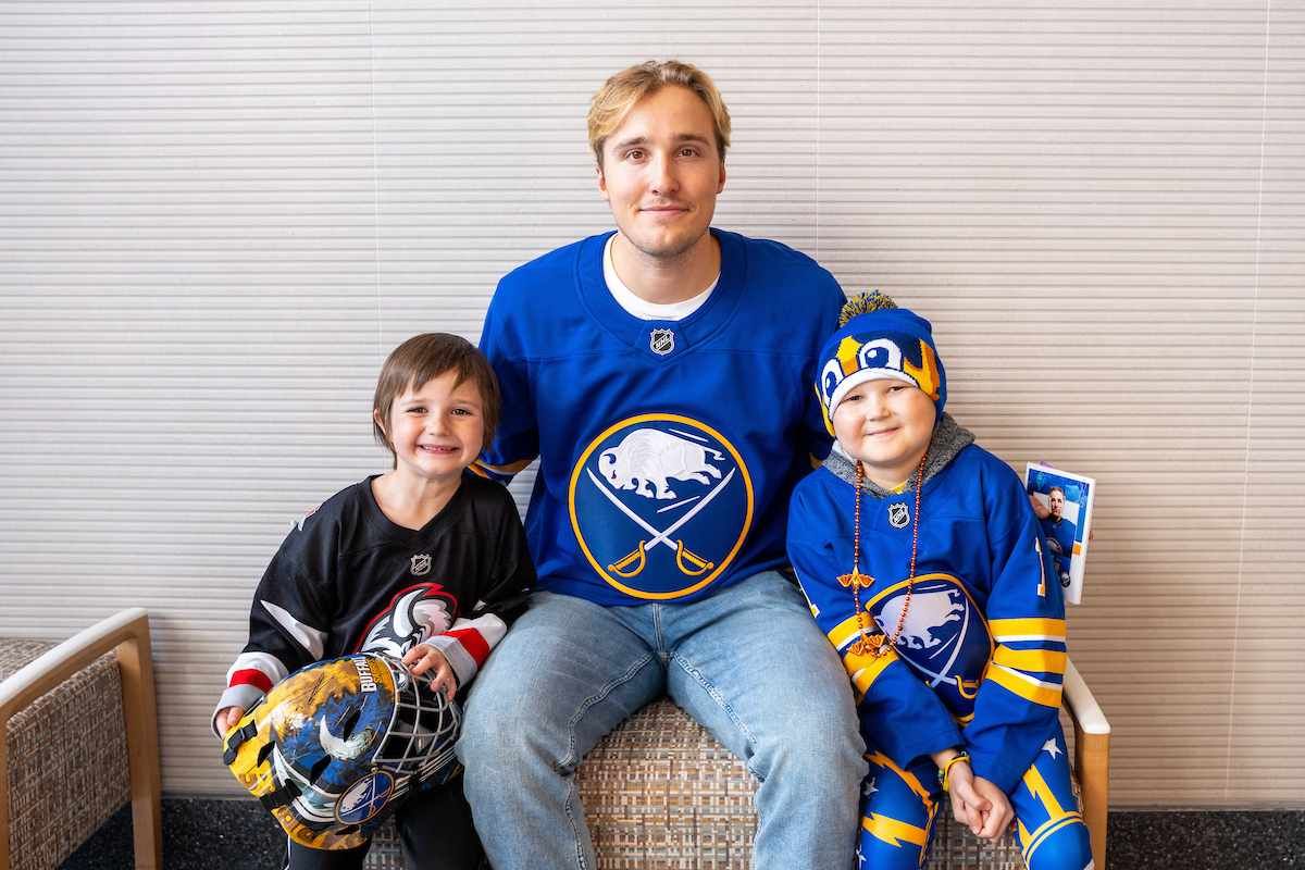Eddie Golden, interviews Sabres goalie Ukko-Pekka Luukkonen at Roswell Park, with help from his younger brother. 