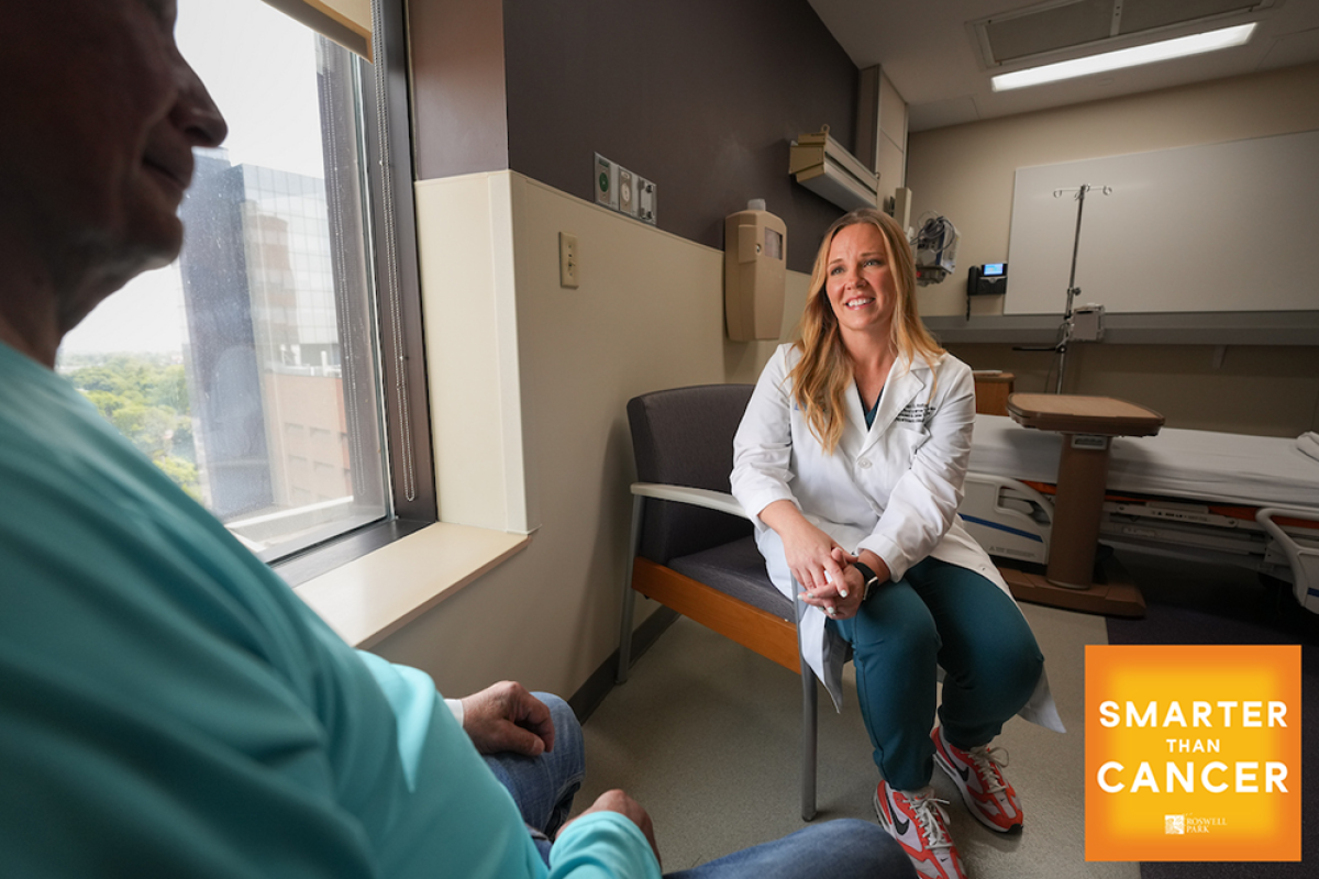 Dr. Shernan Holtan interacts with a patient, Smarter than Cancer podcast logo in the corner of the photo 