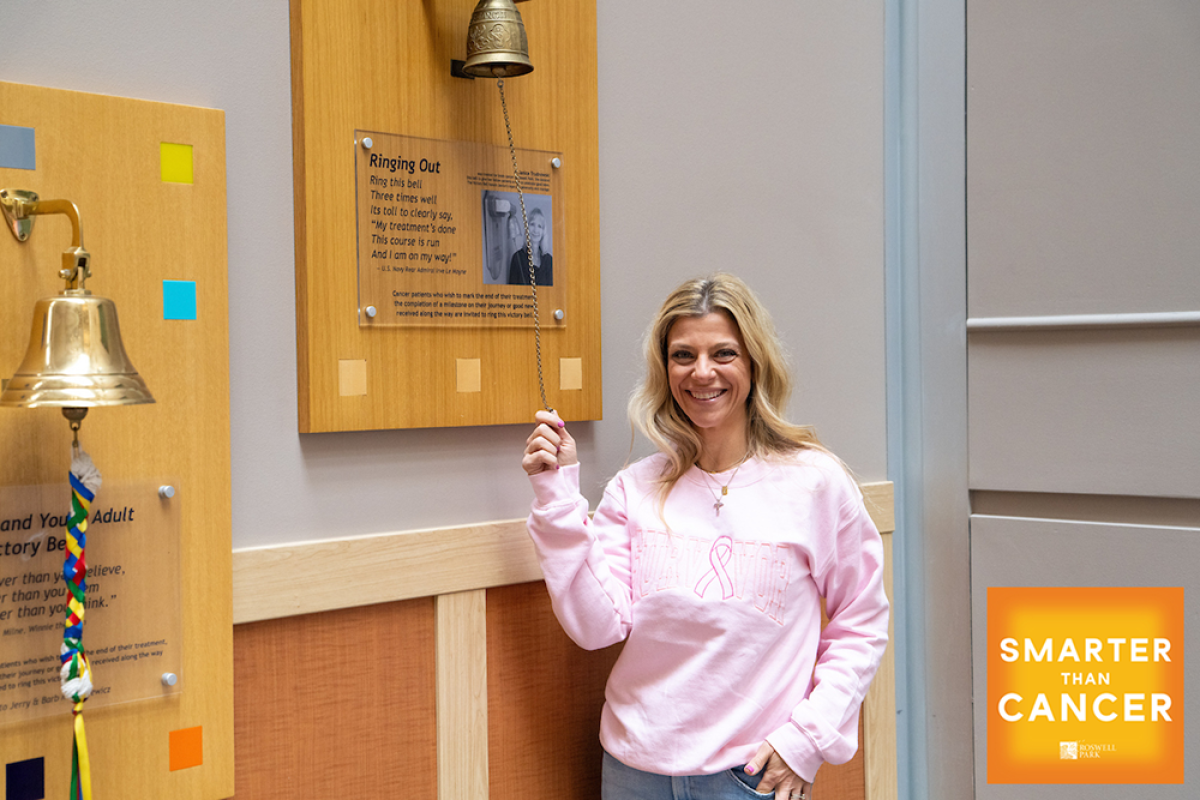 Dr. Laura Mango rings the Victory Bell, Smarter than Cancer podcast logo in the corner 