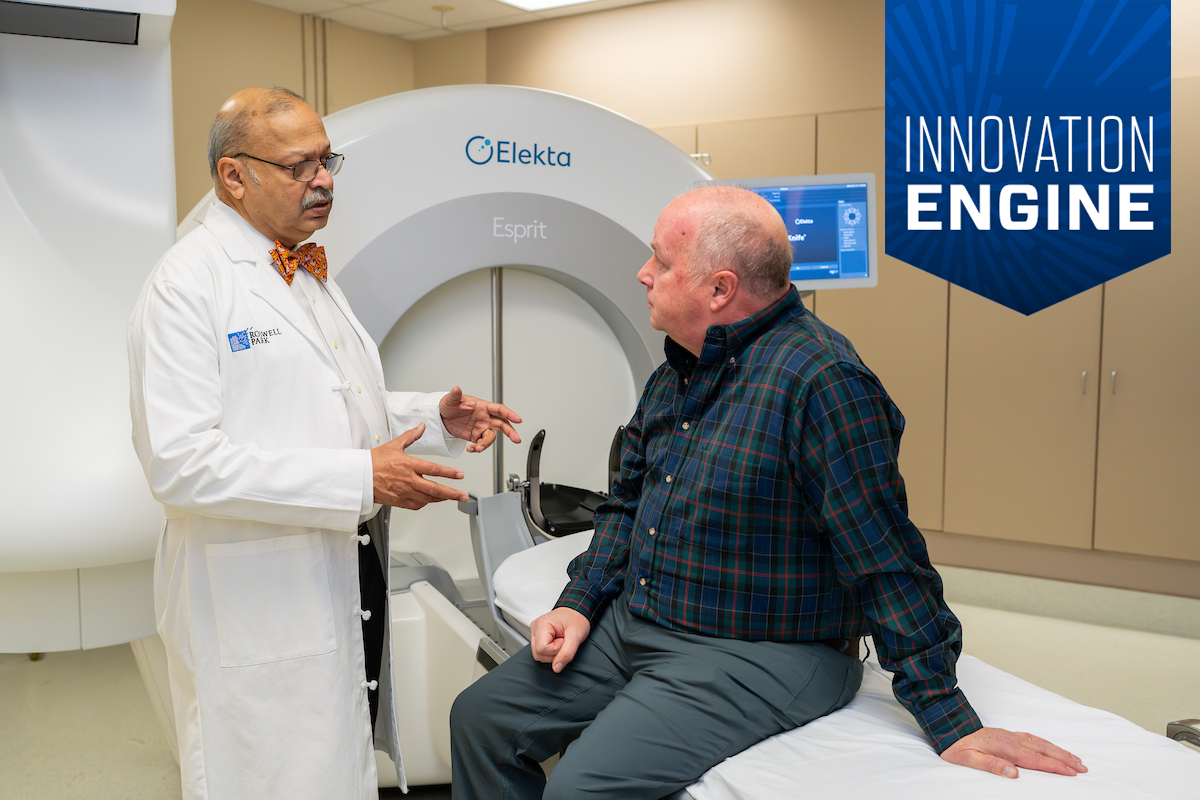 Dr. Dheerendra Prasad speaks with a patient before undergoing gamma knife surgery - banner over photo reads "Innovation Engine"