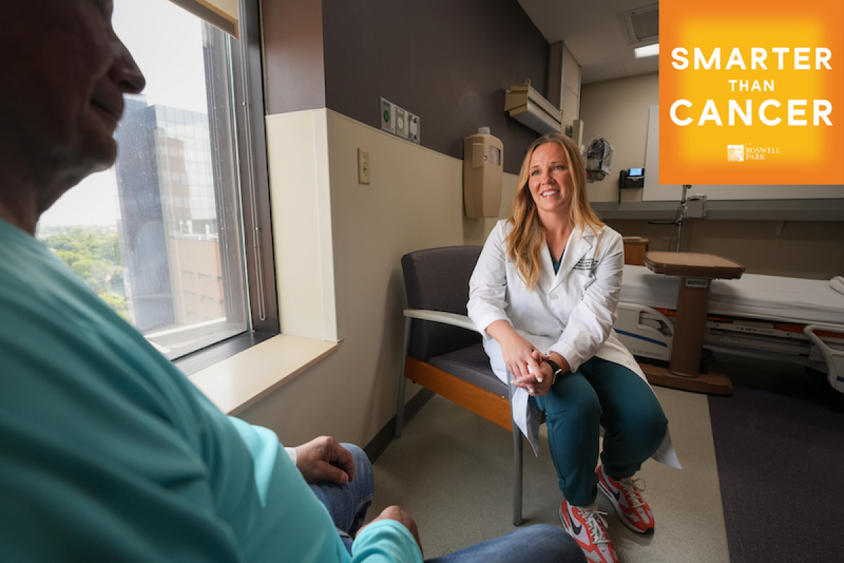 Dr. Shernan Holtan interacts with a patient, Smarter than Cancer podcast logo in the corner of the photo 
