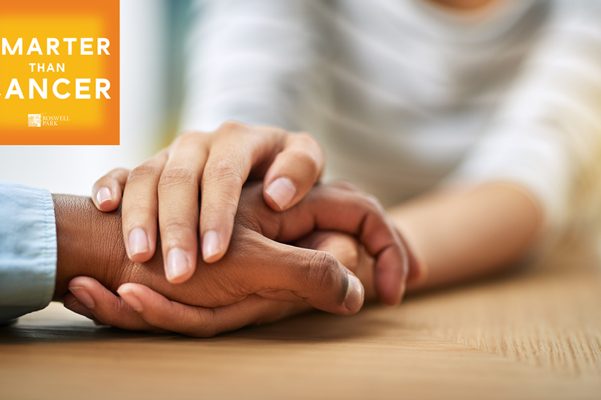 Two people holding hands with the Smarter than Cancer logo in the left corner