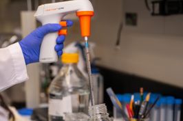A hand uses a pipette to fill a vial