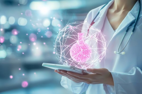 Breast cancer doctor holds a tablet with a treatment icon above it