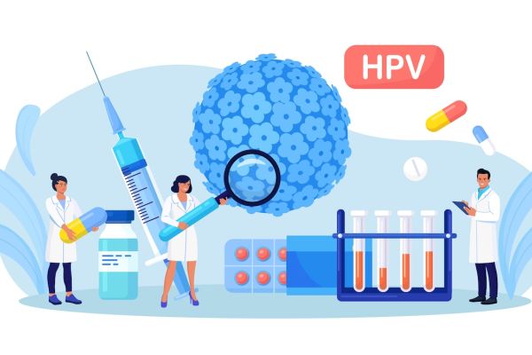 Cartoon drawing of doctors investigating an HPV cell with test tubes and a vaccine. 
