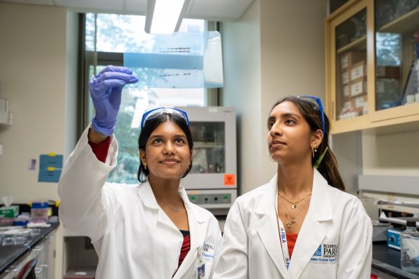 Two high school student interns in the SURE-CAN Program review a slide together in lab 