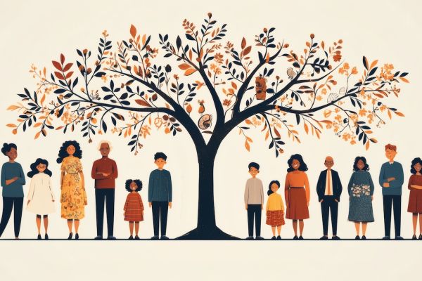A drawing of a group of people standing underneath a tree representing a family tree and how genetics play into cancer risk