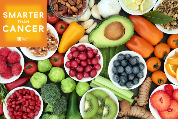 Array of colorful food with a Smarter than Cancer podcast logo overlayed on top for the podcast episode about nutrition