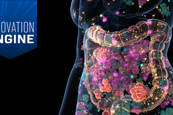 Image of biome in the gut with an blue badge in the corner reading Innovation Engine