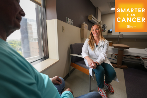 Dr. Shernan Holtan interacts with a patient, Smarter than Cancer podcast logo in the corner of the photo 