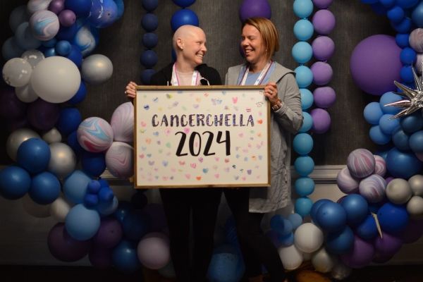 Two women hold a sign that says "Cancerchella 2024" in a photobooth at the Young Adult Retreat 