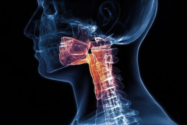 A medical illustration showing the outline of a human head and neck with the larynx highlighted in orange