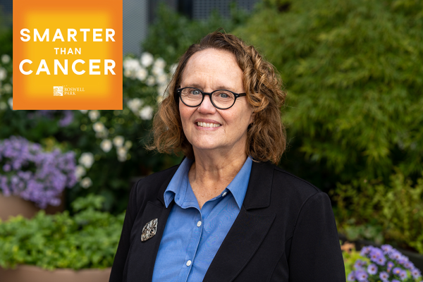 A photo of Dr. Mary Reid with the Smarter than Cancer podcast logo in the corner