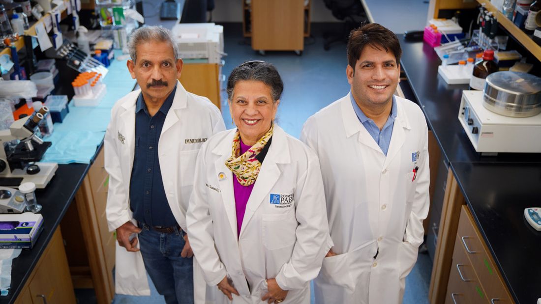 Drs. Suresh Kalathil, Yasmin Thanavala and Tariq Bhat, from left, in their lab at Roswell Park
