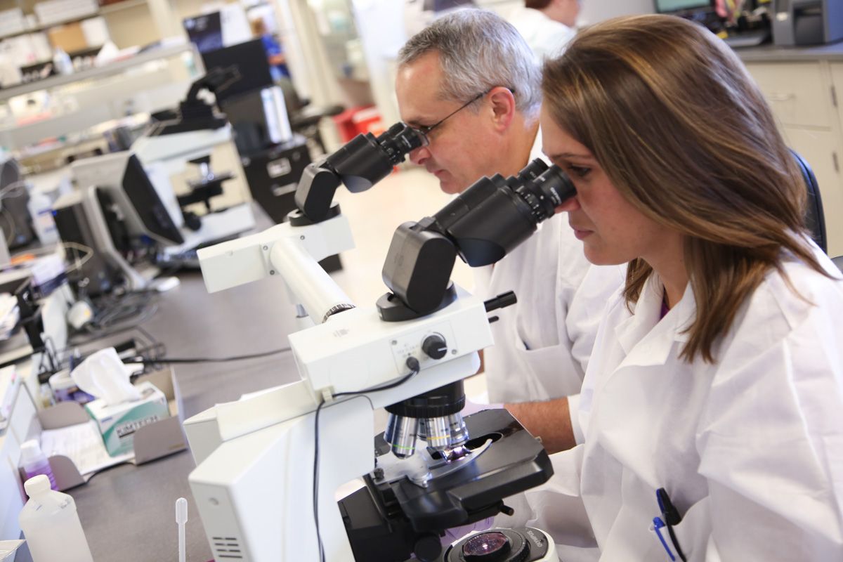 Giving - Lab Medicine - Two Doctors looking through microscopes