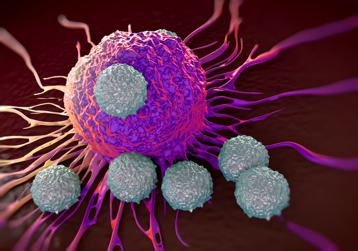 Illustration of T Cells attacking a cancer cell