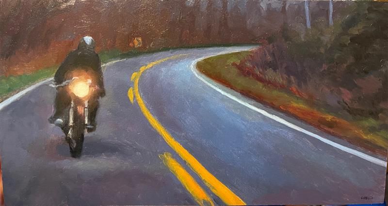 Painting of a motorcyclist riding on a back road at dusk