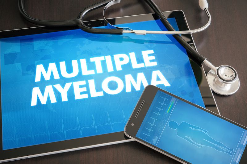 A tablet displaying a screen that reads "Multiple Myeloma"