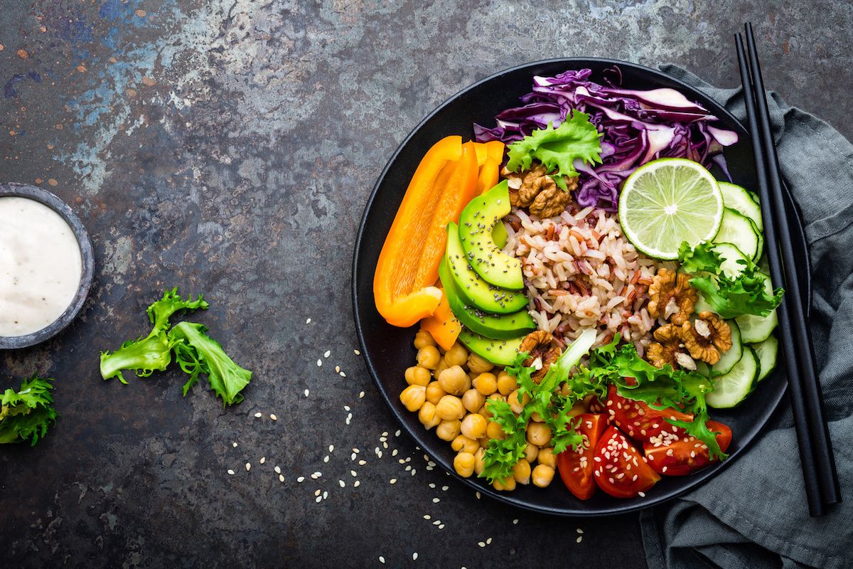 Vegetables and grains in a bowl