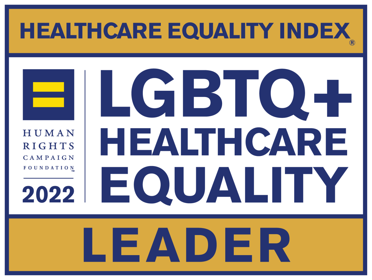 Image shows the Human Rights Campaign Foundation's 2022 LBGTQ+ Healthcare Equality Leader badge