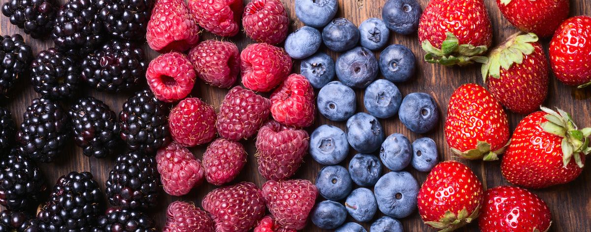 An arrangement of blackberries, raspberries, blueberries and strawberries.